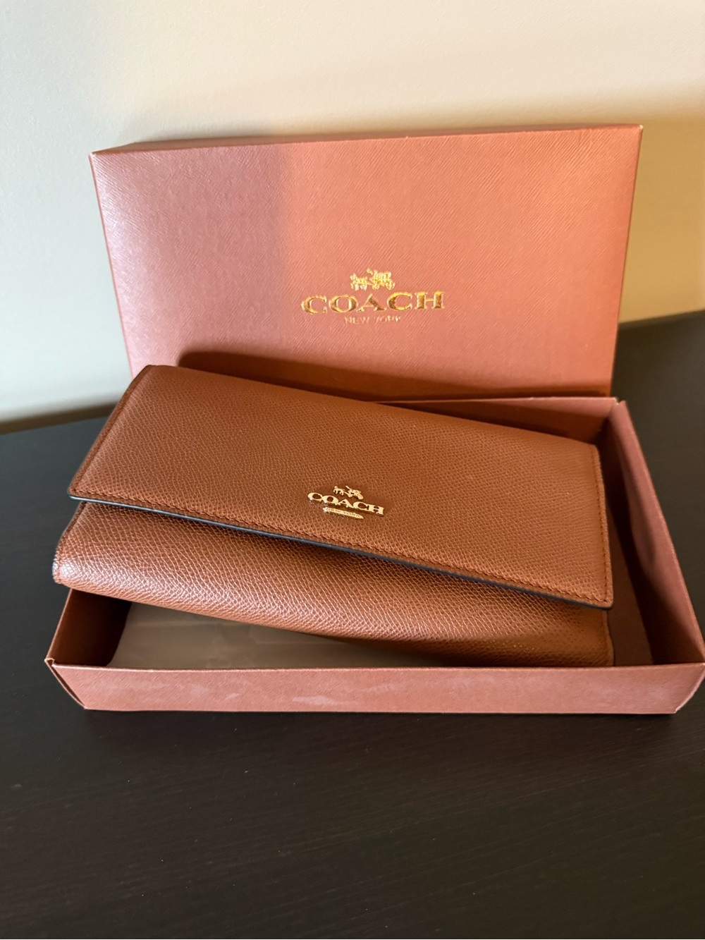 COACH Brown Pebbled Leather Continental Wallet with Gold Logo